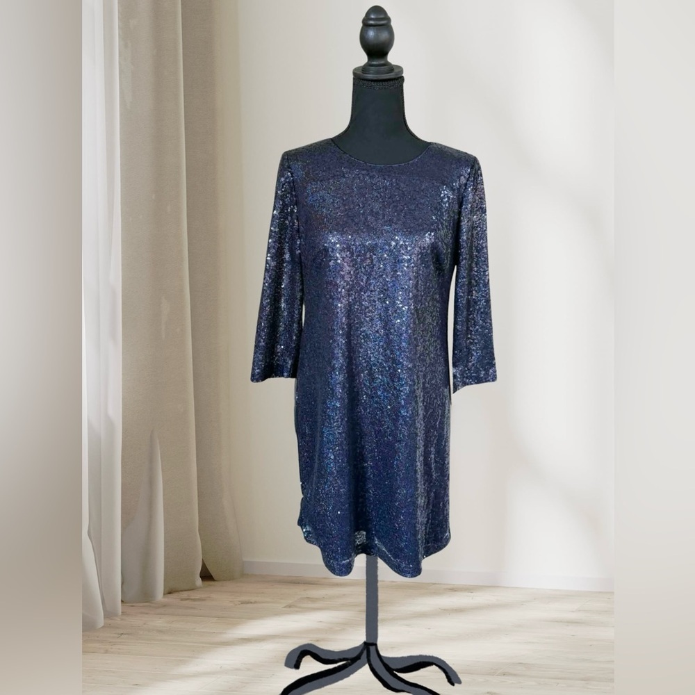 DONNA MORGAN navy blue sequin sheath dress EUC sz 6